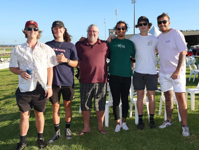 MELBOURNE, AUSTRALIA - MARCH 15 2024 Kai Harris, Daniel Donovan, Mark Harris, Chris Paul, Dustin Fletcher and Lachlan Cerchiaro attend the 2024 Pakenham Cup Picture: Brendan Beckett