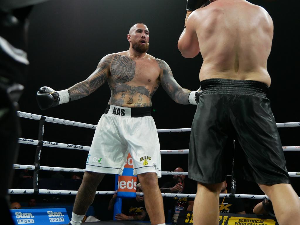 Nelson Asofa-Solomona fights Jarrod Wallace at the Battle of the Reef fight night at the Townsville Entertainment and Convention centre, October 7 2023. Picture: Blair Jackson.