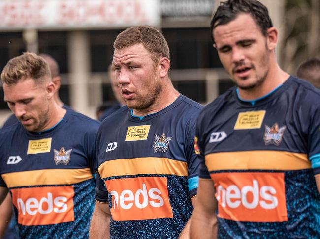 Bryce Cartwright, Shannon Boyd and Morgan Boyle at Gold Coast Titans training. Picture: GOLD COAST TITANS