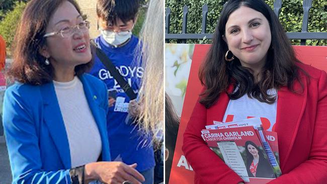 Liberal Gladys Liu and Labor’s Carina Garland fought for every vote at polling stations in Victoria’s most marginal seat, Chisholm, on Saturday. Picture: Kiel Egging.