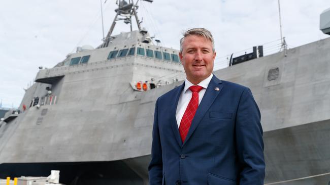 SYDNEY, AUSTRALIA - NewsWire Photos July 18, 2023: USS Canberra arrived in Sydney this morning and will be commissioned this weekend. The Ship was built in the US by Austral, an Australian ship building company. Pictured, CEO of Austral, Paddy Gregg with the ship behind him. Picture: NCA NewsWire / David Swift