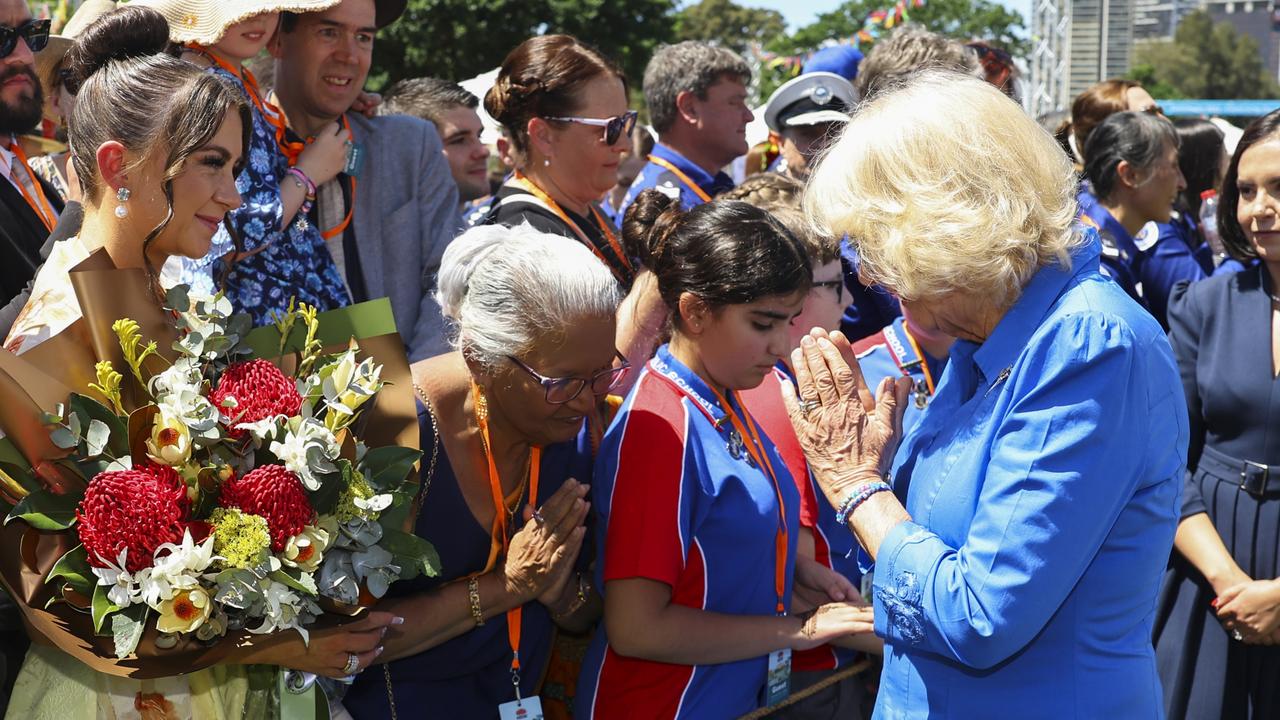 Queen Camilla greets community members at the Premier's Community Barbeque at Parramatta Park. Picture: NewsWire / POOL / Toby Melville