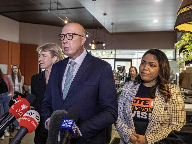 Opposition leader Peter Dutton, Senator Michaelia Cash and Shadow Minister for Indigenous Australians Senator Jacinta Nampijinpa Price say Aussies should vote No. Picture: Colin Murty