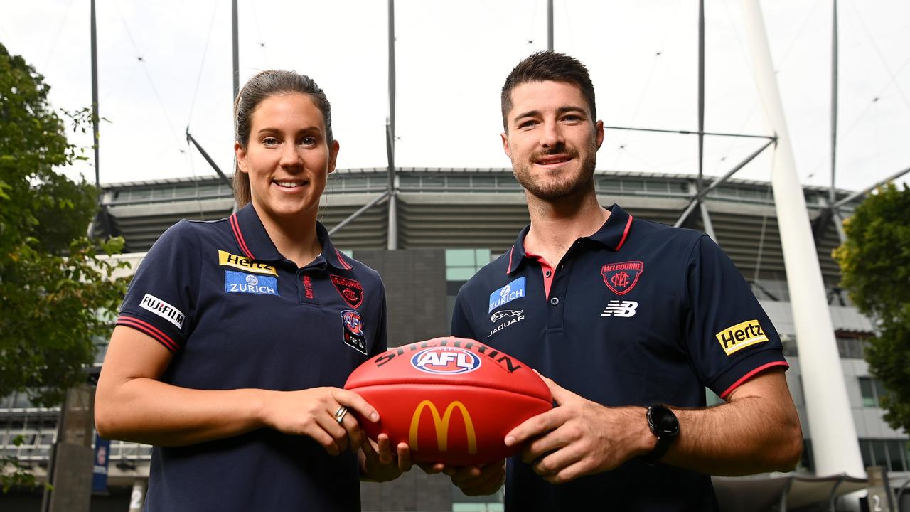 Melbourne players Libby Birch and Alex Neal-Bullen at the MCG. Picture: Quinn Rooney/Getty Images