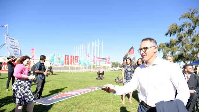 CANBERRA, AUSTRALIA - FEBRUARY 12: Senator Richard Di Natale attends an Anti Adani protest in front of Parliament House on February 12, 2019 in Canberra, Australia. The rally was organised to protest the Adani coal mine in central Queensland. (Photo by Tracey Nearmy/Getty Images)