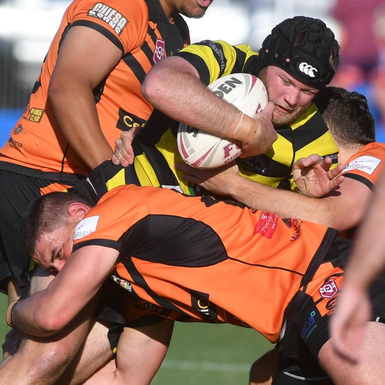 Townsville A grade Rugby League game between Centrals and Herbert River Crushers at Townsville Sports Reserve. Clancy Kerch and Crushers Brendan Devietti. Picture: Evan Morgan