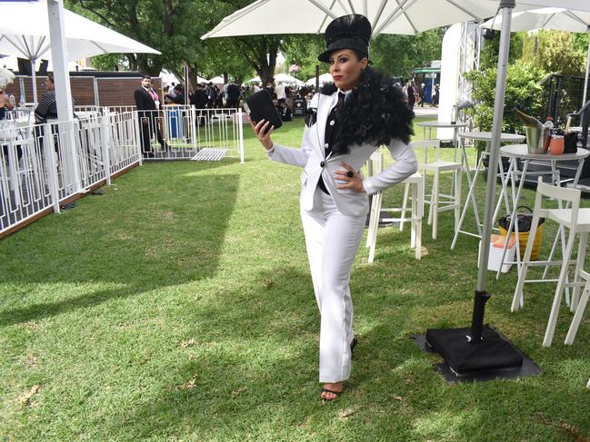 Guests in striking racewear at Penfolds Derby Day at the Flemington Racecourse on Saturday, November 02, 2024: