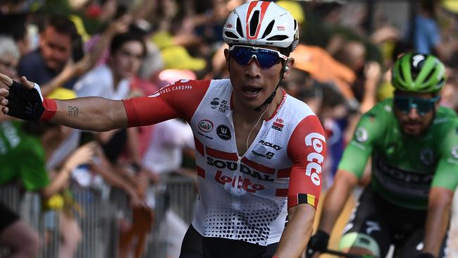 Australia’s Caleb Ewan celebrates his stage win on the Tour de France. Picture: AFP