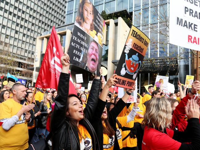 NSW teachers and supporters rally along Macquarie St in June 2022 in Sydney, on strike over pay and staff shortages. Picture: Getty Images