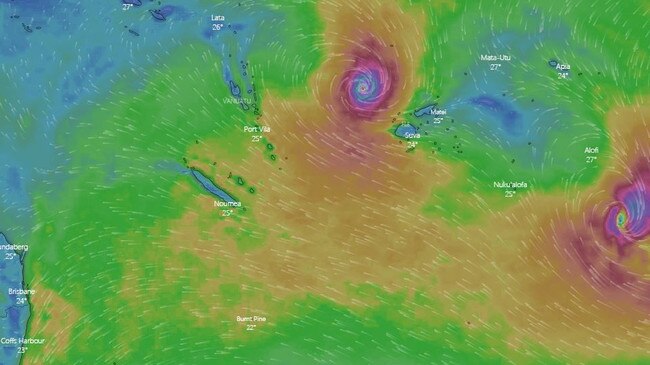 Cyclone Yasa (top) and Cyclone Zazu (far right) are both impacting islands in the South Pacific Ocean. Cyclone Yasa is 2500km from the Queensland coast (bottom left). Image: Windy.com