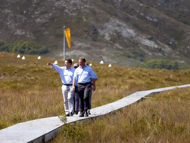 Matt Groom and opposition leader Will Hodgman. Liberal policy launch, Melaleuca, South Coast Track Tasmania.