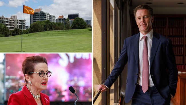 A decision to cut Moore Park Golf Course, top left, in half and convert it to parkland won’t be reversed, Premier Chris Minns, right, says. The move was pushed by Sydney Lord Mayor Clover Moore, bottom left.