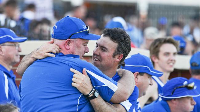 Athelstone Football Club president Stephen Young hugs coach Jade Sheedy after their win Division two Adelaide Footy League Grand Final in 2019. Picture: Brenton Edwards