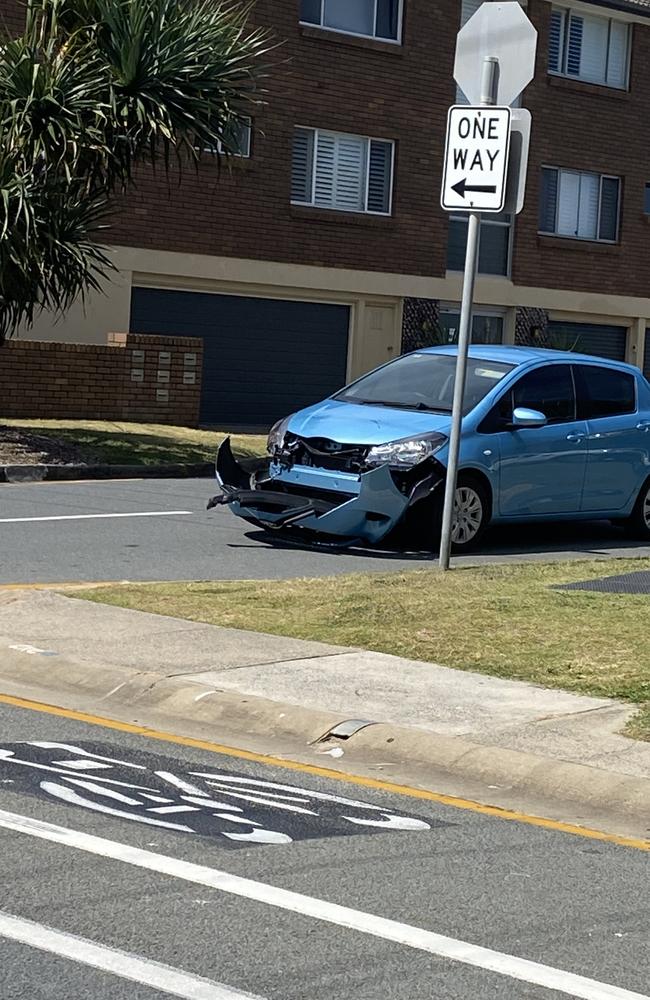 A car after it hit a cyclist on Hedges Ave in Mermaid Beach. Picture: Supplied