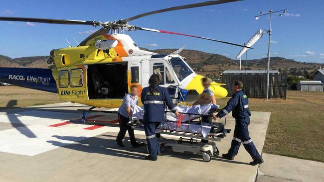 The LifeFlight Rescue helicopter was waiting at Gayndah Hospital for Jake Dingle who was impaled while mustering in 2015. Picture: LifeFlight