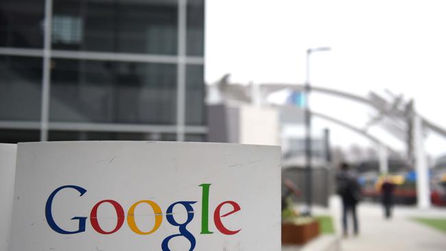 The Google logo is seen on the Google campus in Mountain View, California. (Photo by SUSANA BATES / AFP)