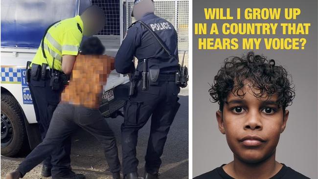 An Indigenous boy being wrestled out of his home in the NT, left, and the Yes campaign's shiny new ad, right.