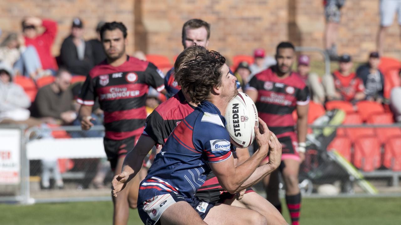 Craig Donn, Warwick tackled by Dylan Chown, Valleys. TRL grand final, Valleys vs Warwick Cowboys. Sunday, 8th Sep, 2019.