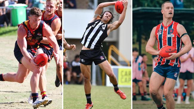 QAFL players Aaron Laskey (Noosa), Toara Marango (Sherwood) and Jack Campbell (Wilston Grange). Pictures: Brooke Sleep Media and Highflyer Images.