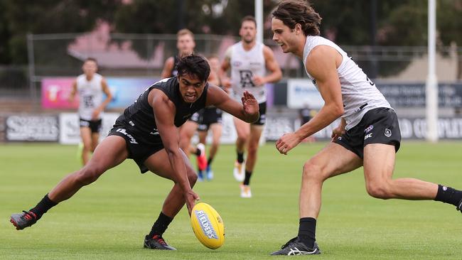 Trent Burgoyne (left) during Port Adelaide’s internal trial game. Picture: Matt Turner (Getty).