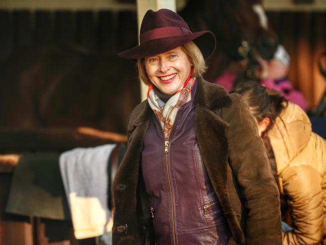 Trainer Gai Waterhouse gets into the swing of things at Moonee Valley. Picture: Colleen Petch