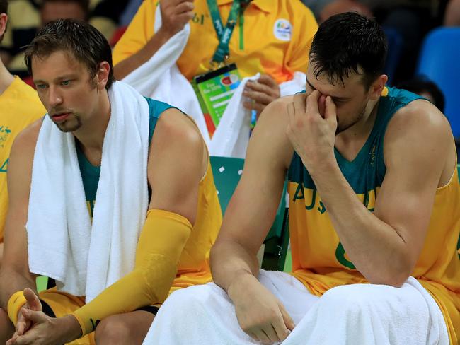 Andrew Bogut unhappy during the Rio Olympics 2016 Men's Semi-final Basketball game, Australia V Serbia at Carioca Arena. Pics Adam Head