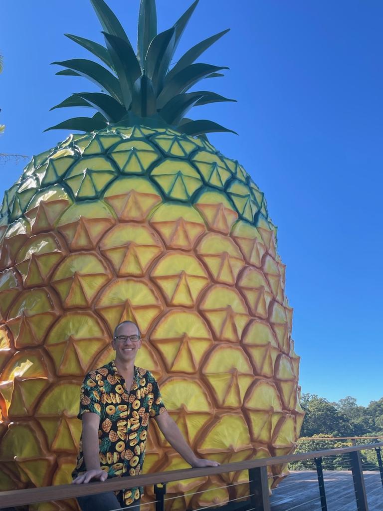 Visit Sunshine Coast CEO Matt Stoeckel welcomed the opening of the Big Pineapple by wearing a tribute shirt. Photo: Michele Sternberg/Visit Sunshine Coast