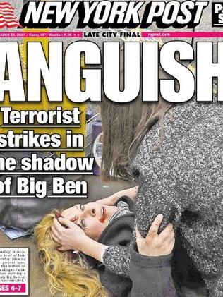 Melissa Payne Cochran can be seen bleeding on the front page of the New York Post after the London attack. Picture: New York Post