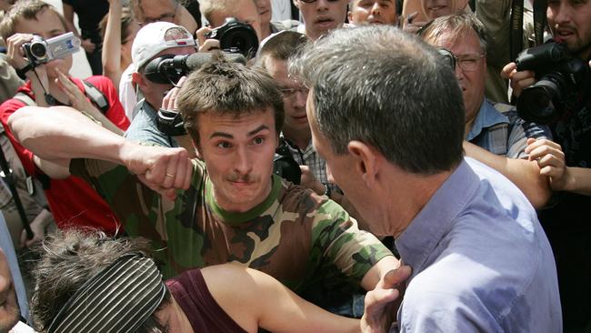 A Russian ultra-nationalist lines up to punch Tatchell during a Gay Pride march outside Moscow City Hall in 2007.