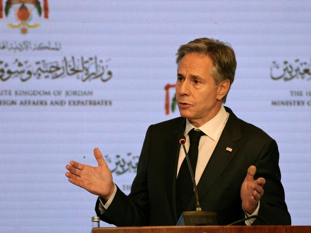 US Secretary of State Antony Blinken holds a joint press conference with Jordan's foreign minister Ayman Safadi and Egypt's foreign minister Sameh Shoukry in Amman, Jordan. Picture: Getty Images