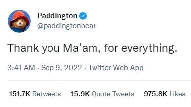 The iconic children’s character Paddington Bear shared his final goodbye to the Queen, just minutes after the news was announced. Picture: Twitter/paddingtonbear