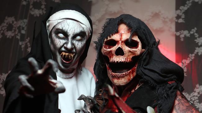 Ana Freeman as a Demon Nun and Jade Genet as "Feral" at movie World’s fright Nights. Photo by Richard Gosling