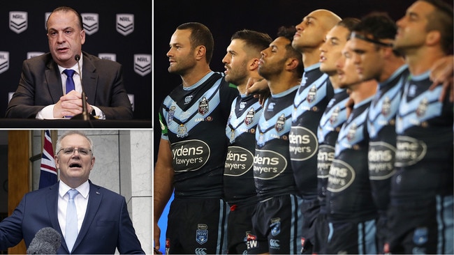 ARL Commission chairman Peter V'landys, Prime Minister Scott Morrison and the NSW State of Origin team