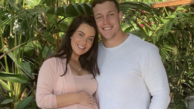 Courtney Thorpe and Jarrod Wallace pictured at their baby shower. Supplied.