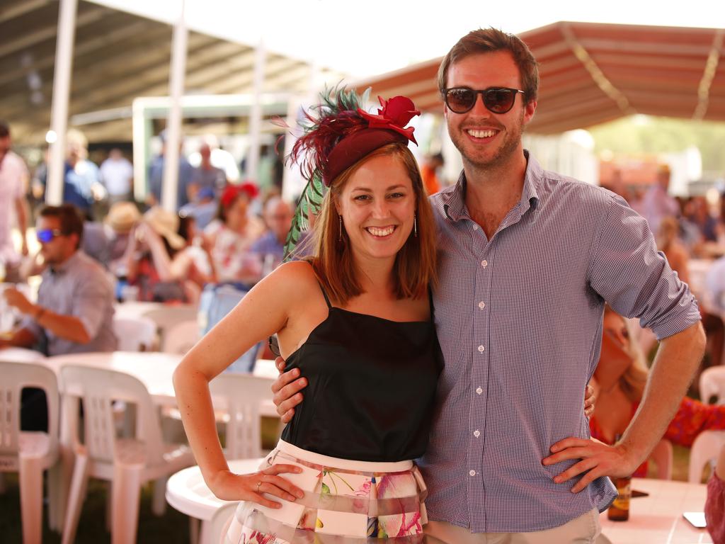 Laura Boekell and Callum Robertson enjoy the 2019 Darwin Cup. Picture: GLENN CAMPBELL