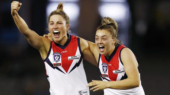 Melissa Hickey and Ebony Marinoff celebrate on the final siren. Picture: Michael Klein