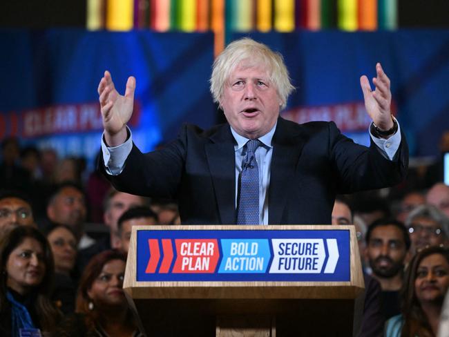 Former British prime minister Boris Johnson addresses Conservative Party supporters in London on July 2, 2024 as part of the UK general election campaign before the party went on to spectacular defeat. Picture: Justin Tallis/AFP