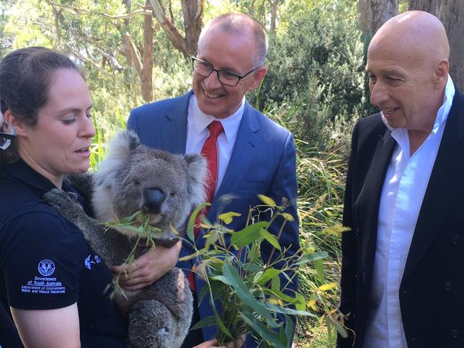 Premier Jay Weatherill with Hong Kong businessman Allan Zeman and a Cleland National Park worker at the announcement. Picture: Erin Jones