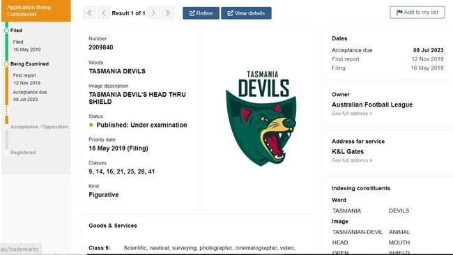 Tasmania Devils logo registered as a trademark with IP Australia by the Australian Football League in 2019. Picture: IP Australia