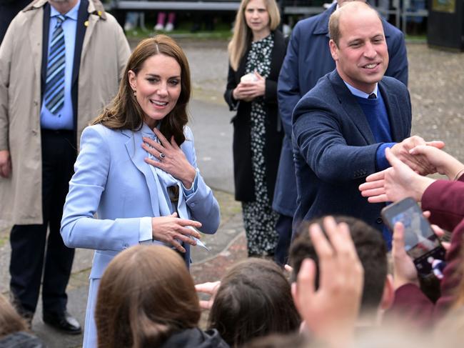 BELFAST, NORTHERN IRELAND - OCTOBER 06: Catherine, Princess of Wales and Prince William, Prince of Wales greet the public during their visit to Carrickfergus Castle on October 06, 2022 in Belfast, Northern Ireland. (Photo by Charles McQuillan/Getty Images)