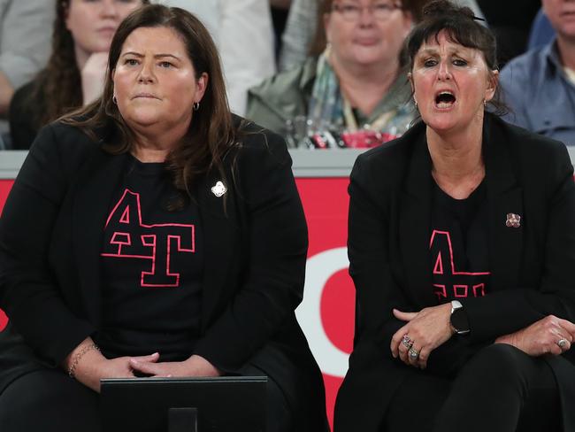 Head coach Tania Obst and assistant Cathy Fellows court side. Picture: Kelly Defina/Getty Images