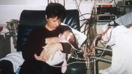 Kathleen Folbigg with daughter Laura just after being born at Westmead Children Hospital for sleep study. Kathleen slept over night with Laura for this study. supplied