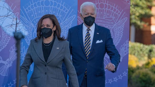 Joe Biden and Kamala Harris arrive to speak to a crowd at the Atlanta University Center Consortium this month. Picture: AFP