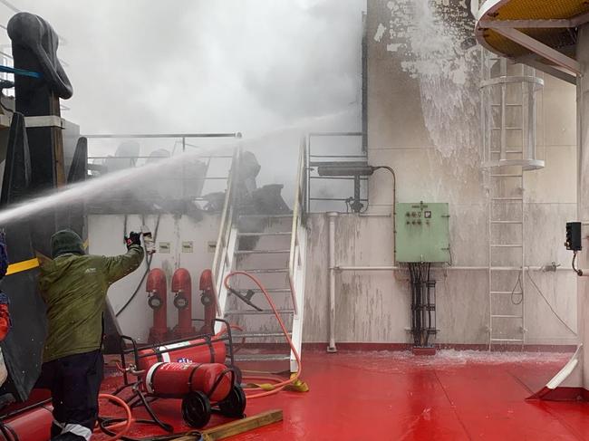 A supplied video screenshot shows a portside engine room fire on the MPV Everest, Monday, April 5, 2021. Australia’s chartered Antarctic resupply vessel, the MPV Everest, was in the middle of the Southern Ocean, four days into a two-week journey, when the ship’s portside engine room caught alight around 2pm on Monday. Picture: The Australian Antarctic Division