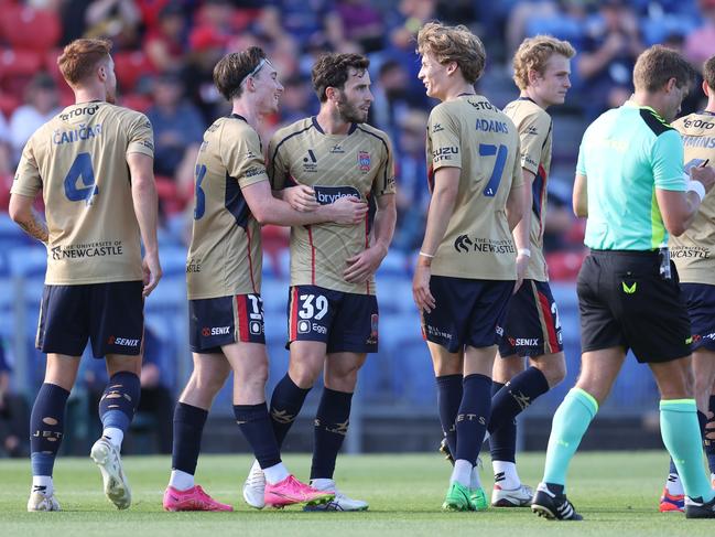 Clayton Taylor of the Jets celebrates a goal with teammates during the round 12 A-League Men match between Newcastle Jets and Sydney FC at McDonald Jones Stadium, on January 04, 2025, in Newcastle, Australia. Picture: Scott Gardiner/Getty Images