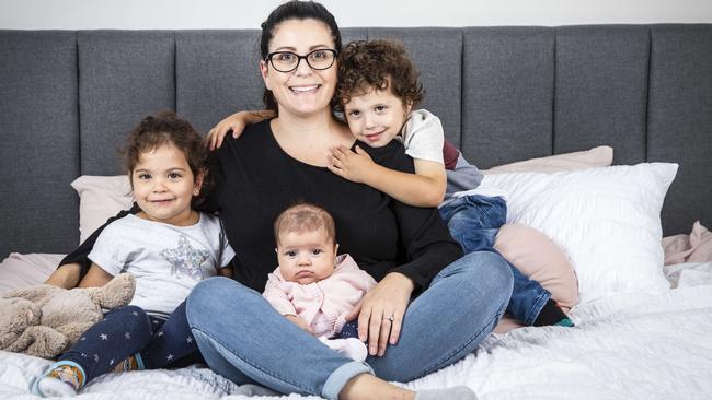 MS patient Adrianna Condello with her children, twins Olivia and Leo, aged two, and baby Zoe, aged eight weeks. Picture: Nicole Cleary