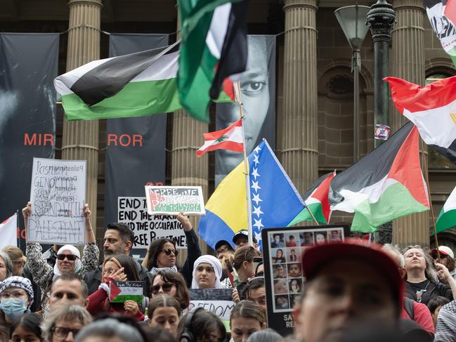 Palestinian flags along with a Bosnian flag were waved at the rally. Picture: NCA Newswire / Nicki Connolly