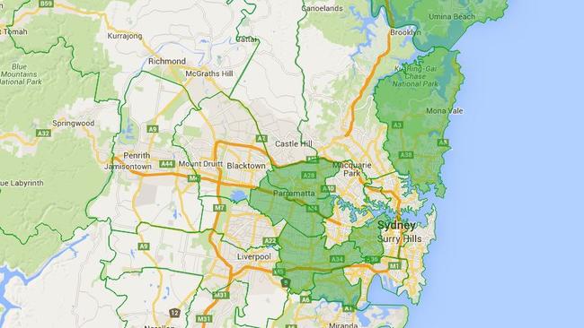 New councils across the Sydney area shaded in green.