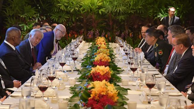 Australian Defence Minister Richard Marles, second from right, and China's minister, Li Shangfu, to Mr Marles' right, and US Defence Secretary Lloyd Austin, left, and other counterparts in Singapore.  Picture: Singapore Defence Ministry  / AFP