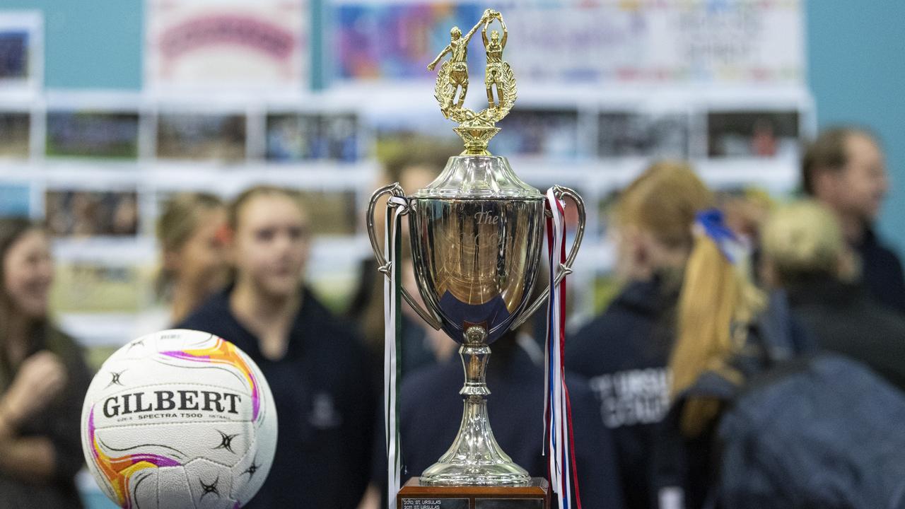 St Ursula's Senior A against Downlands First VII in Merici-Chevalier Cup netball at Salo Centre, Friday, July 19, 2024. Picture: Kevin Farmer